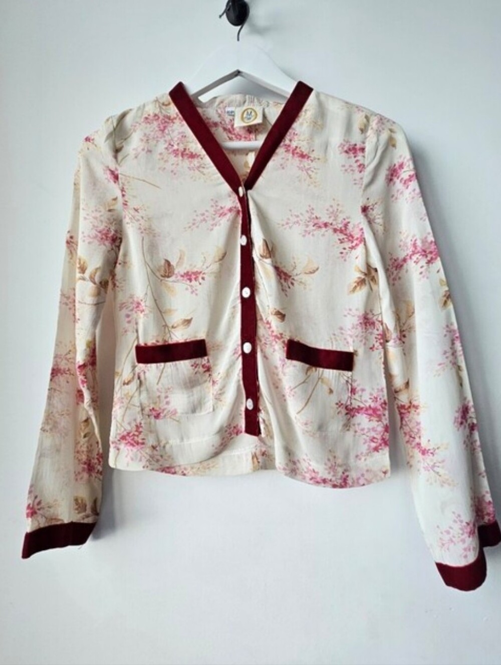Vintage Cream With Maroon Trim Floral Motif Button Down Top